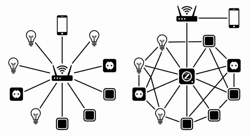 Porovnání topologie Wi-Fi sítě s topologíí mesh sítě Zigbee Porovnání topologie Wi-Fi sítě s topologíí mesh sítě Zigbee
