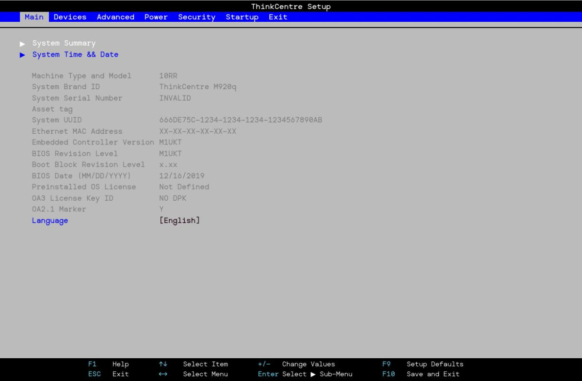Hlavní stránka nastavení BIOS počítače Lenovo ThinkCentre