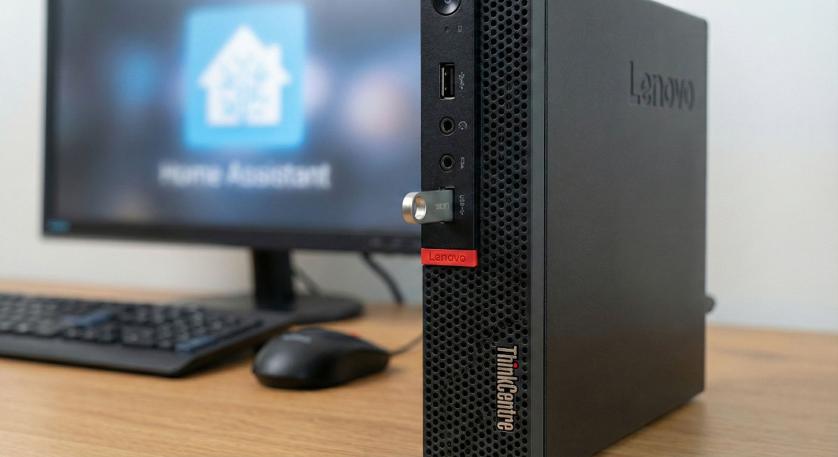 Lenovo ThinkCentre Tiny s připojenými periferiemi