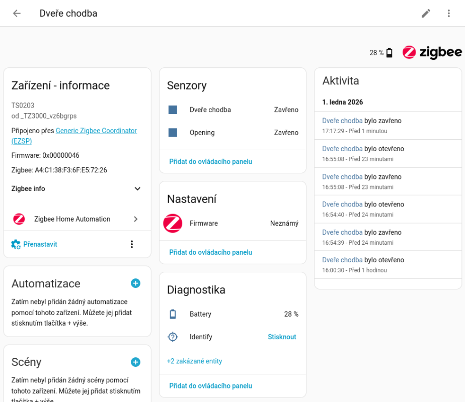 Stránka zařízení senzoru dveří