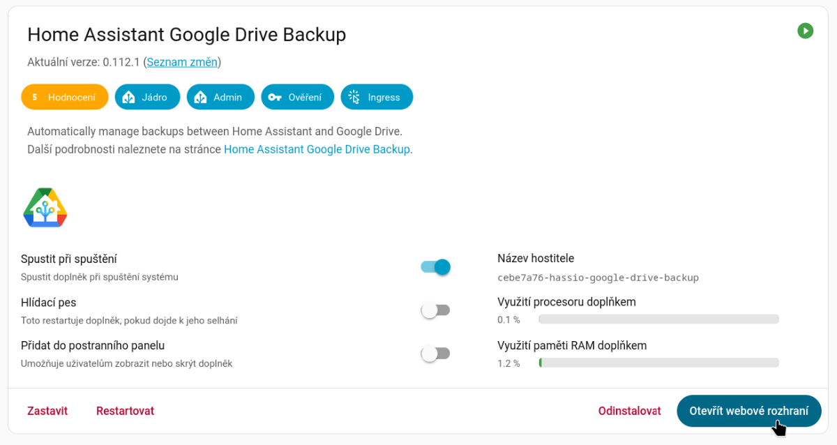 Stránka nainstalovaného dolňku Google Drive Backup
