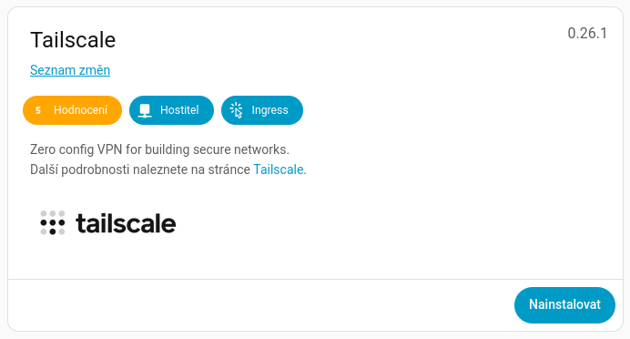 Stránka doplňku Tailscale
