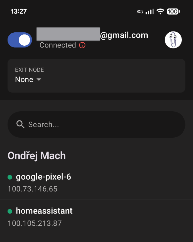 Screenshot z mobilní aplikace Tailscale