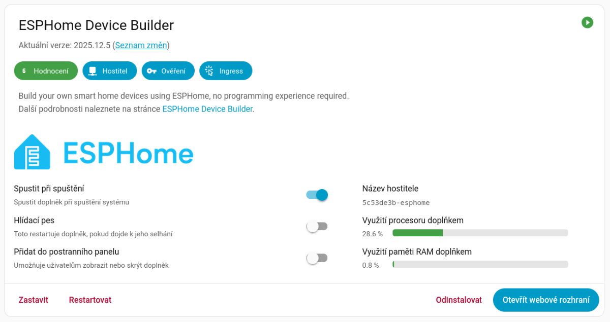 Doplněk ESPHome nainstalovaný na platformu Home Assistant