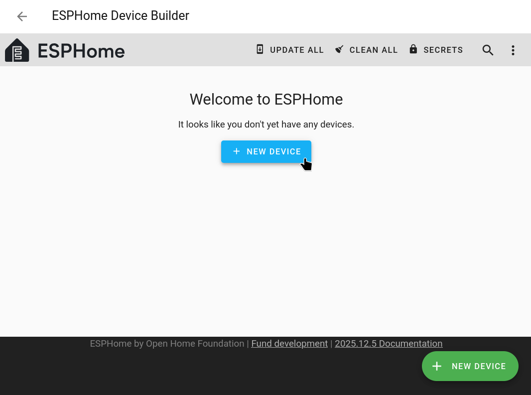 Uživatelské rozhraní ESPHome bez přidaných zařízení