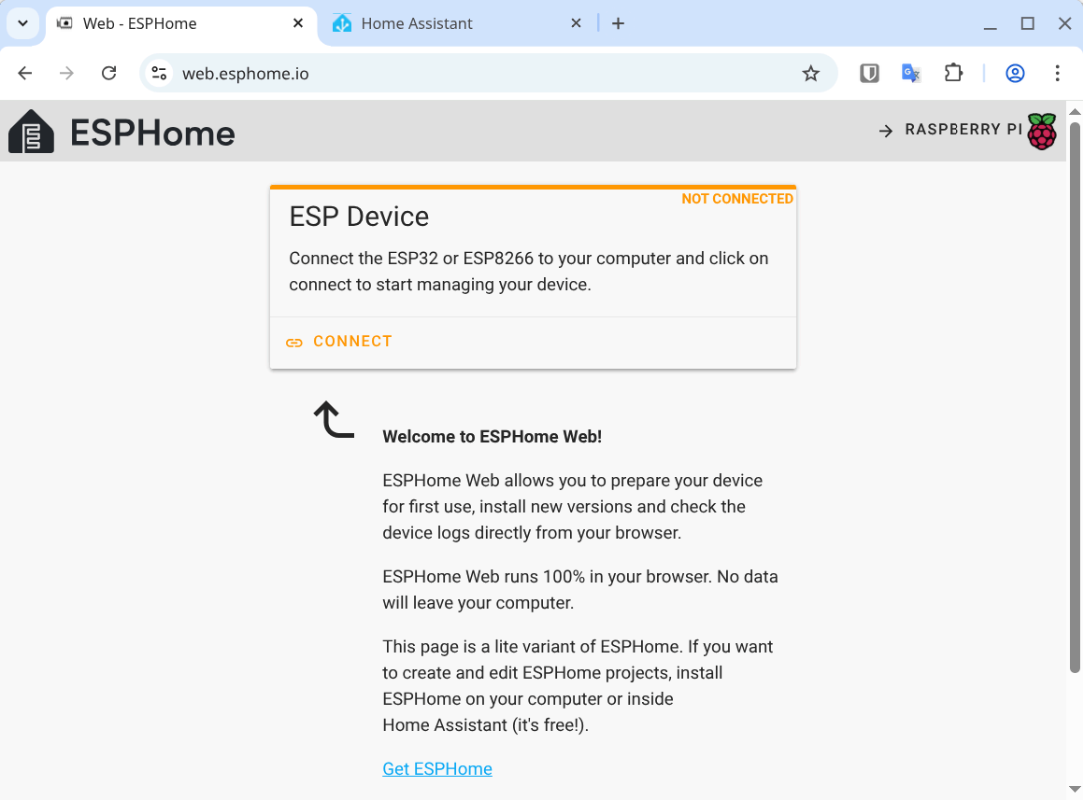 Nástroj ESPHome Web pro nahrání firmwaru na vývojové desky