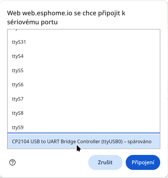 Výběr sériového portu pro nahrání firmwaru
