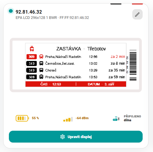 Detail a diagnostika displeje v panelu Drátek eInk