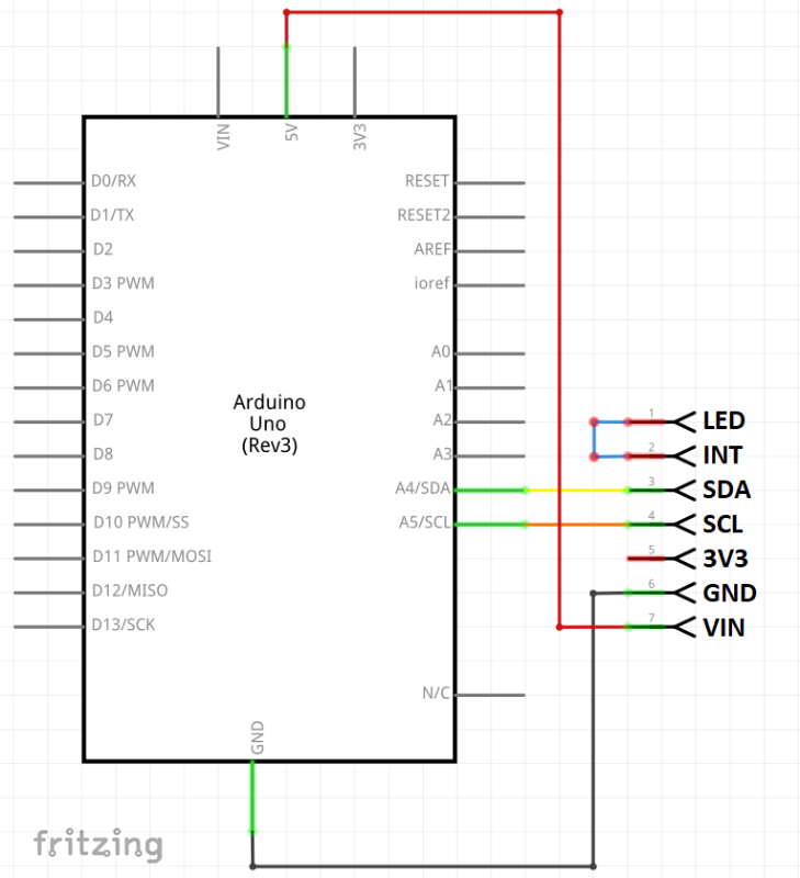 Schéma zapojení modulu rozpoznávání světla a barev RGB TCS34725