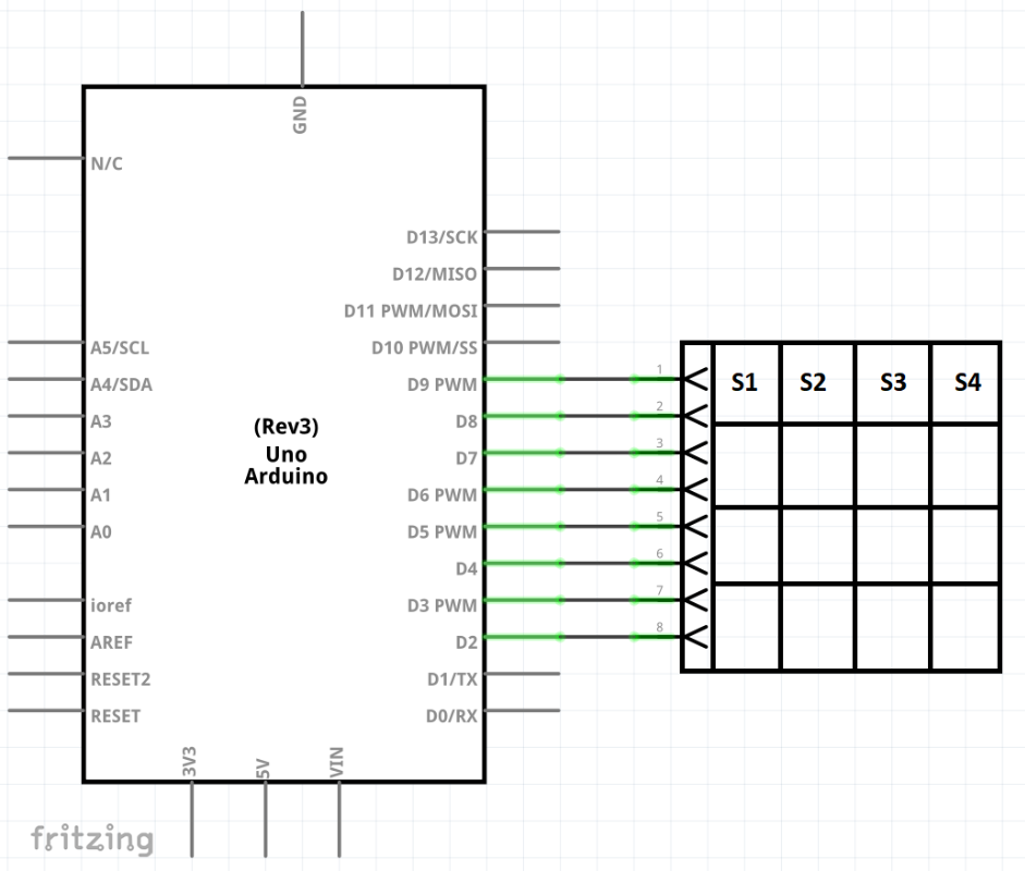 Arduino klávesnice 4x4 16 tlačítek schéma