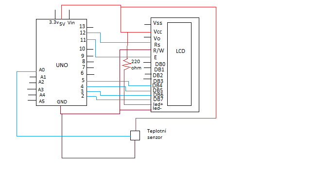 Schéma zapojení projektu Arduino teplota zobrazovaná na displeji